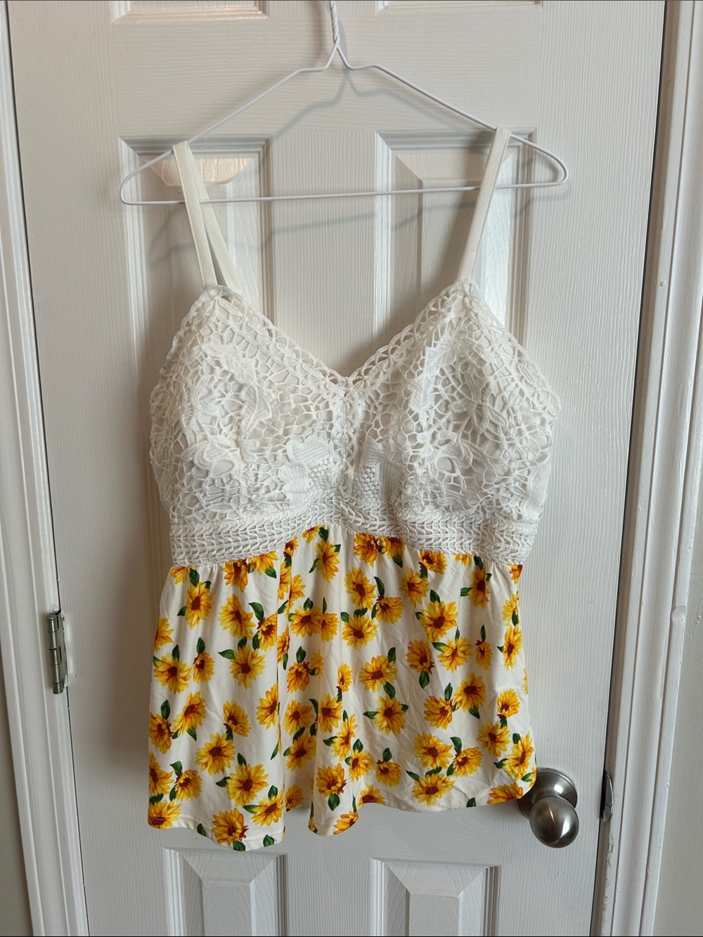 No Boundaries White Crochet Tank Top with Yellow Sunflower Print
